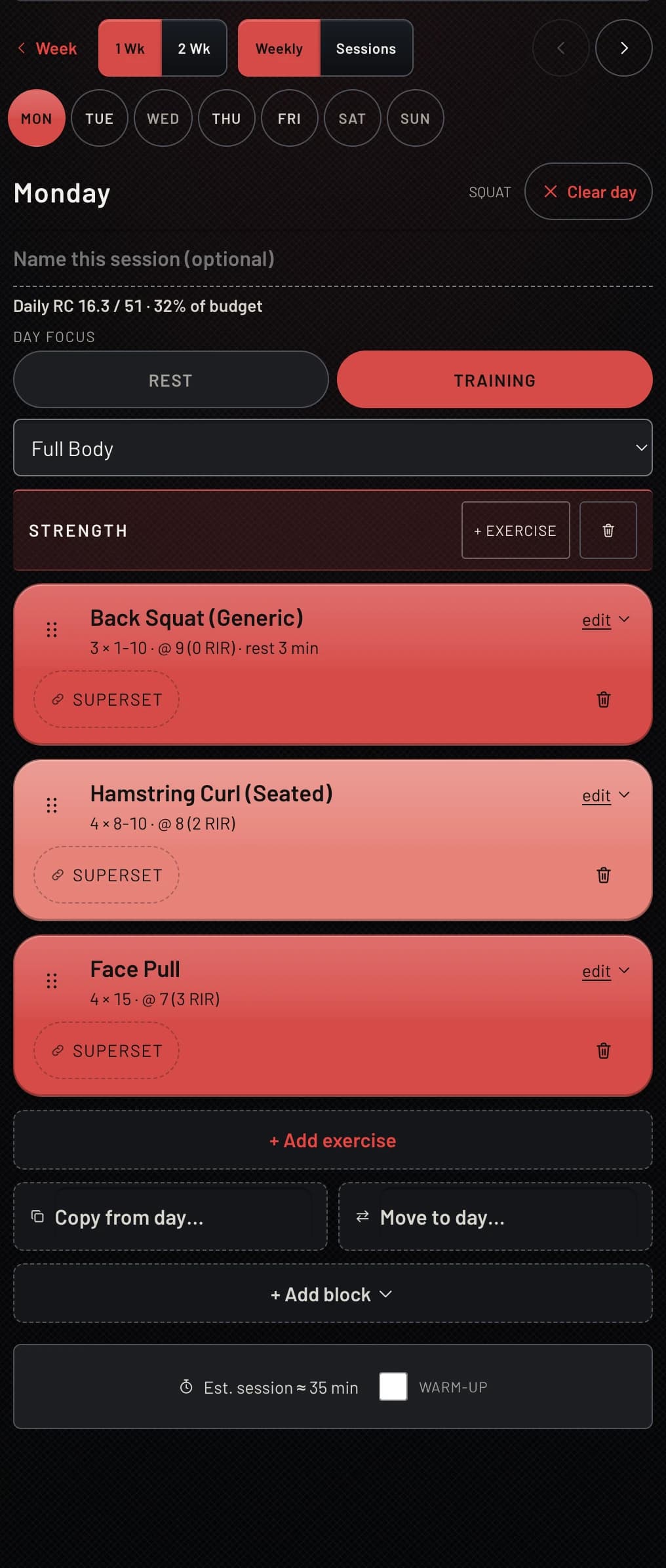 The week builder, day by day, with live recovery cost in each day header