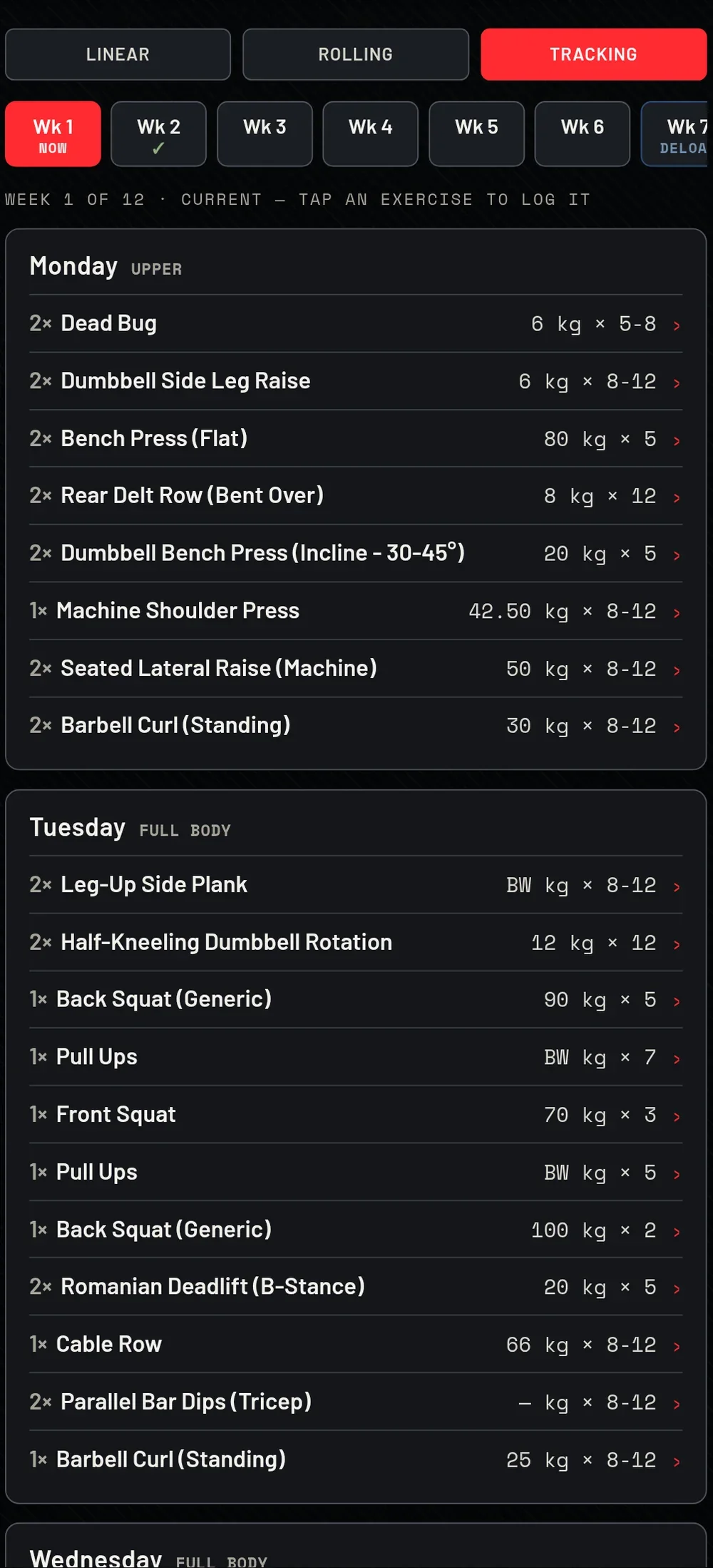 Progression — 12-week block, linear / rolling / tracking